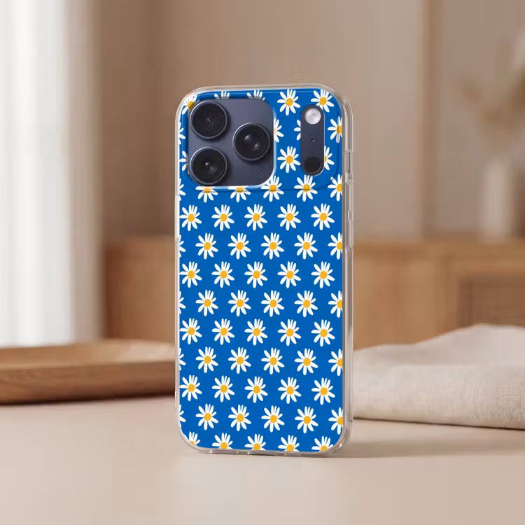 Madeliefjes - Patroon - Blauw - Bloemen Telefoonhoesje iPhone 17 Pro klein -sfeer2