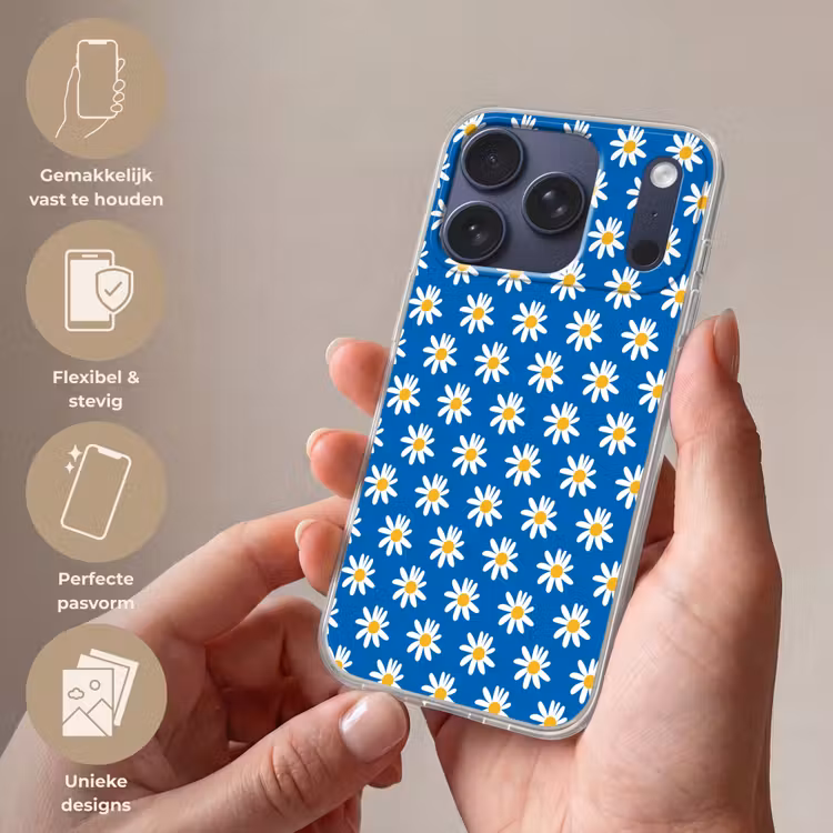 Madeliefjes - Patroon - Blauw - Bloemen Telefoonhoesje iPhone 17 Pro klein -sfeer3_NL