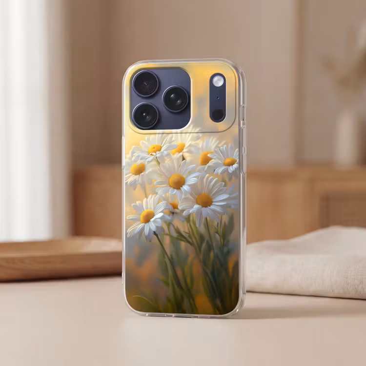 Madeliefjes - Wit - Zonlicht Telefoonhoesje iPhone 17 Pro klein -sfeer2