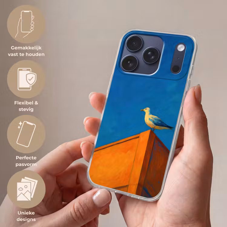 Meeuw - Gebouw - Lucht - Geschilderd Telefoonhoesje iPhone 17 Pro klein -sfeer3_NL