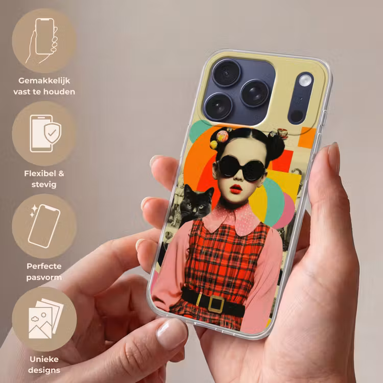 Meisje - Zonnebril - Kat - Retro Telefoonhoesje iPhone 17 Pro klein -sfeer3_NL