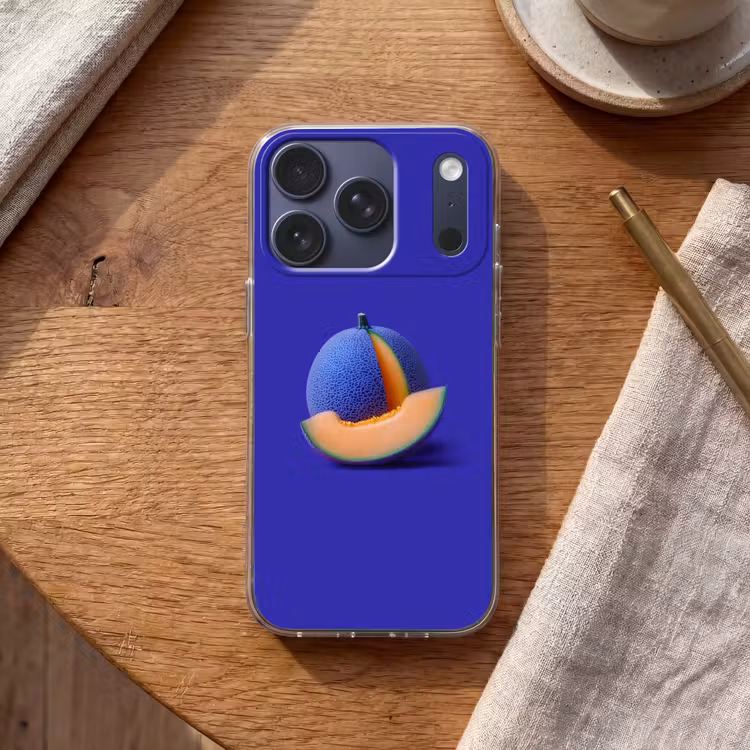 Meloen - Blauw - Oranje - Kunstzinnig Telefoonhoesje iPhone 17 Pro klein -sfeer1