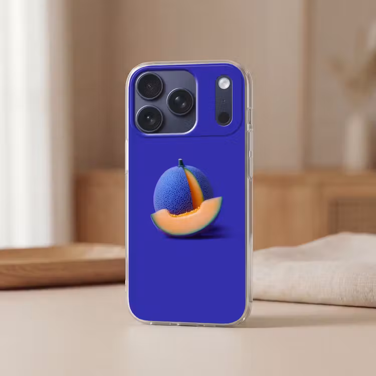 Meloen - Blauw - Oranje - Kunstzinnig Telefoonhoesje iPhone 17 Pro klein -sfeer2