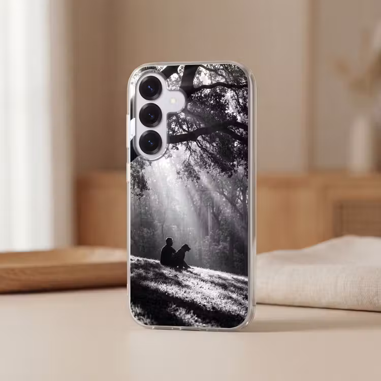 Mens - Hond - Natuur - Zwart-wit - Silhouet Telefoonhoesje Samsung Galaxy S26 klein -sfeer2