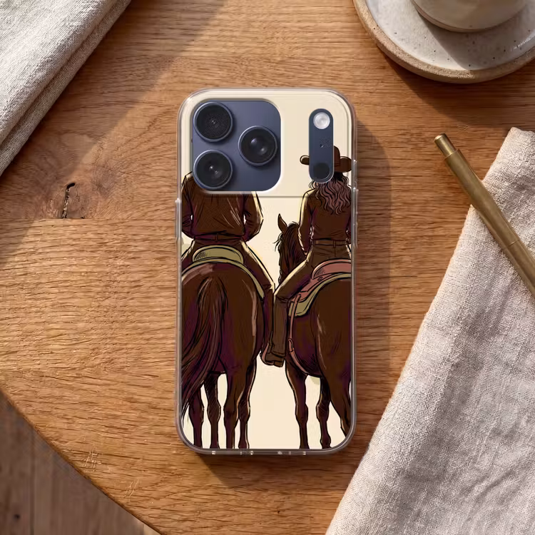 Mensen - Ruiters - Western - Illustratie - Bruin Telefoonhoesje iPhone 17 Pro klein -sfeer1