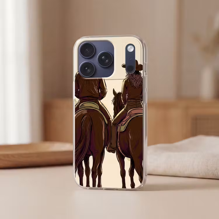 Mensen - Ruiters - Western - Illustratie - Bruin Telefoonhoesje iPhone 17 Pro klein -sfeer2