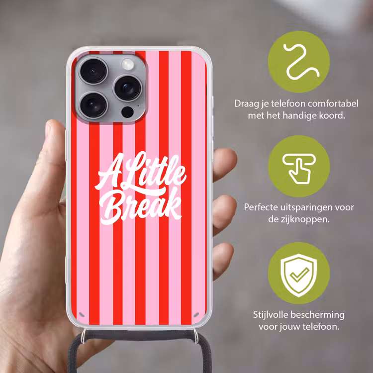 A Little Break - Strepen - Rood - Roze Hoesje iPhone 16 Pro Max met koord klein -sfeer2_NL