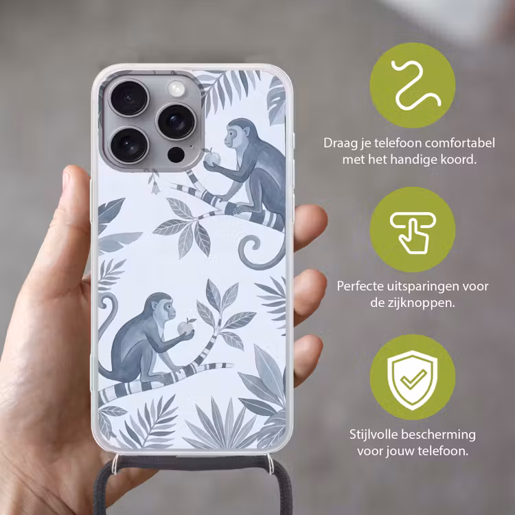 Aap - Boom - Bladeren - Jungle - Illustratie Hoesje iPhone 16 Pro Max met koord klein -sfeer2_NL