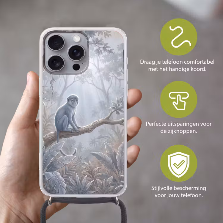 Aap - Boom - Jungle - Natuur - Grijs Hoesje iPhone 16 Pro Max met koord klein -sfeer2_NL