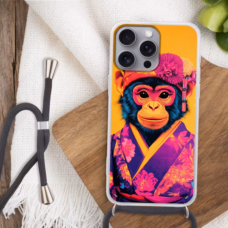 Aap - Kimono - Bloemen - Hoofdtooi Hoesje iPhone 16 Pro Max met koord klein -sfeer4