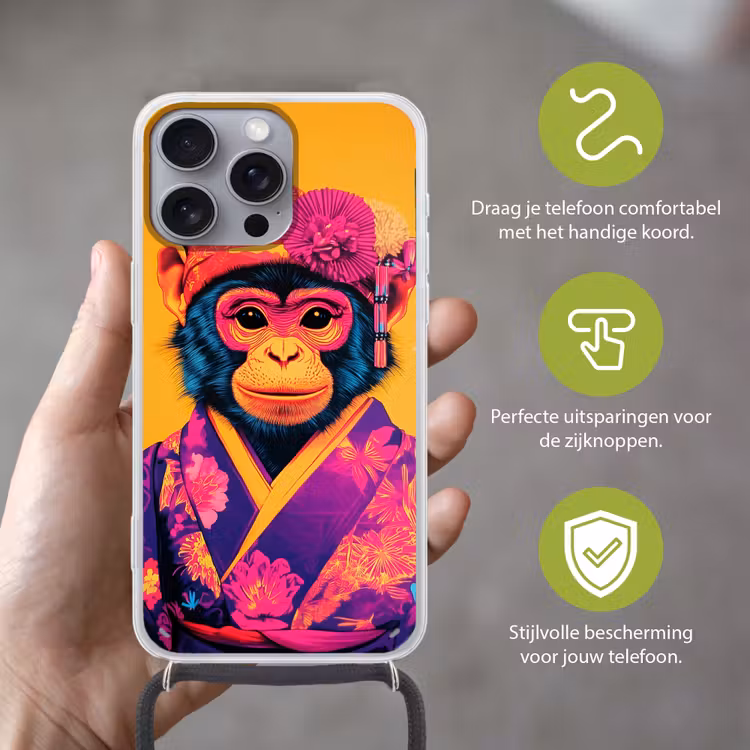 Aap - Kimono - Bloemen - Hoofdtooi Hoesje iPhone 16 Pro Max met koord klein -sfeer2_NL
