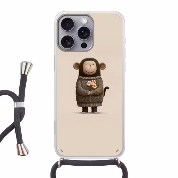Aap - Roze bloemen - Speels Hoesje iPhone 16 Pro Max met koord klein -3d