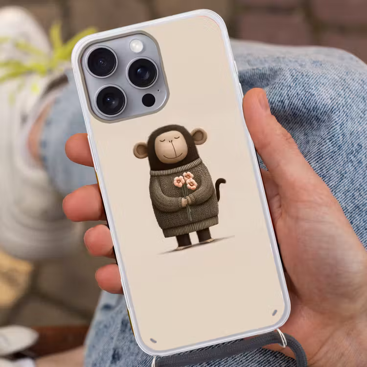 Aap - Roze bloemen - Speels Hoesje iPhone 16 Pro Max met koord klein -sfeer3