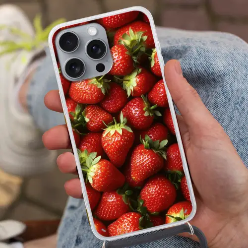 Aardbei - Fruit - Rood Hoesje iPhone 16 Pro Max met koord klein -sfeer3