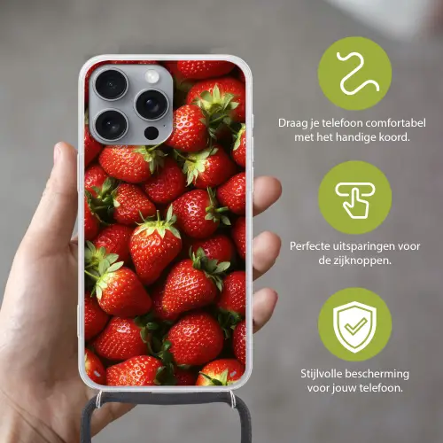 Aardbei - Fruit - Rood Hoesje iPhone 16 Pro Max met koord klein -sfeer2_NL