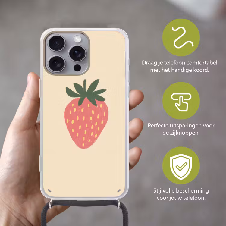 Aardbei - Minimalistisch - Rood - Fruit Hoesje iPhone 16 Pro Max met koord klein -sfeer2_NL