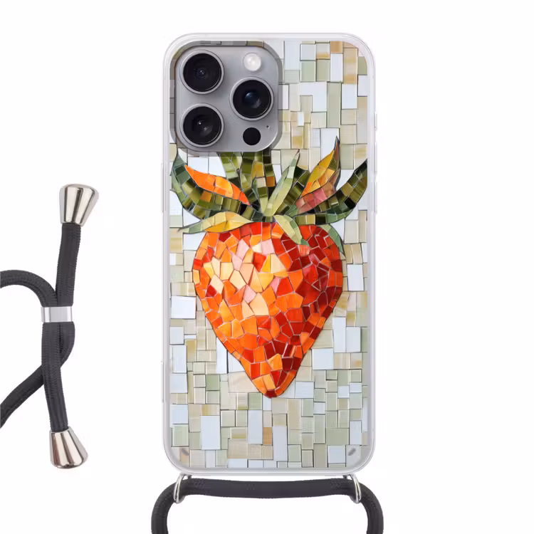 Aardbei - Rood - Mozaïek - Fruit Hoesje iPhone 16 Pro Max met koord klein -3d