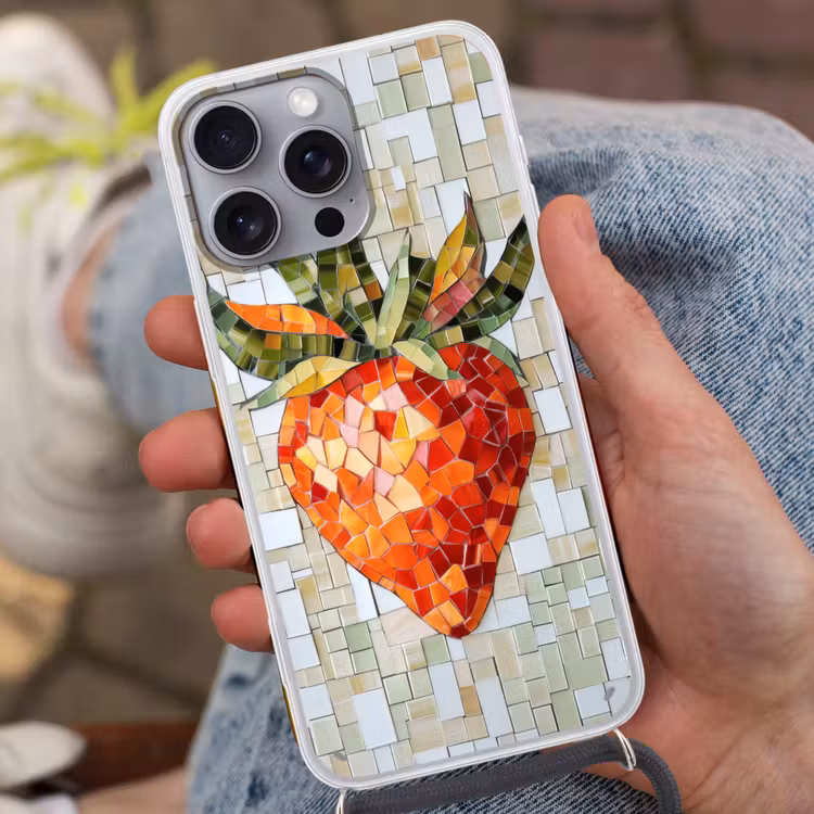Aardbei - Rood - Mozaïek - Fruit Hoesje iPhone 16 Pro Max met koord klein -sfeer3