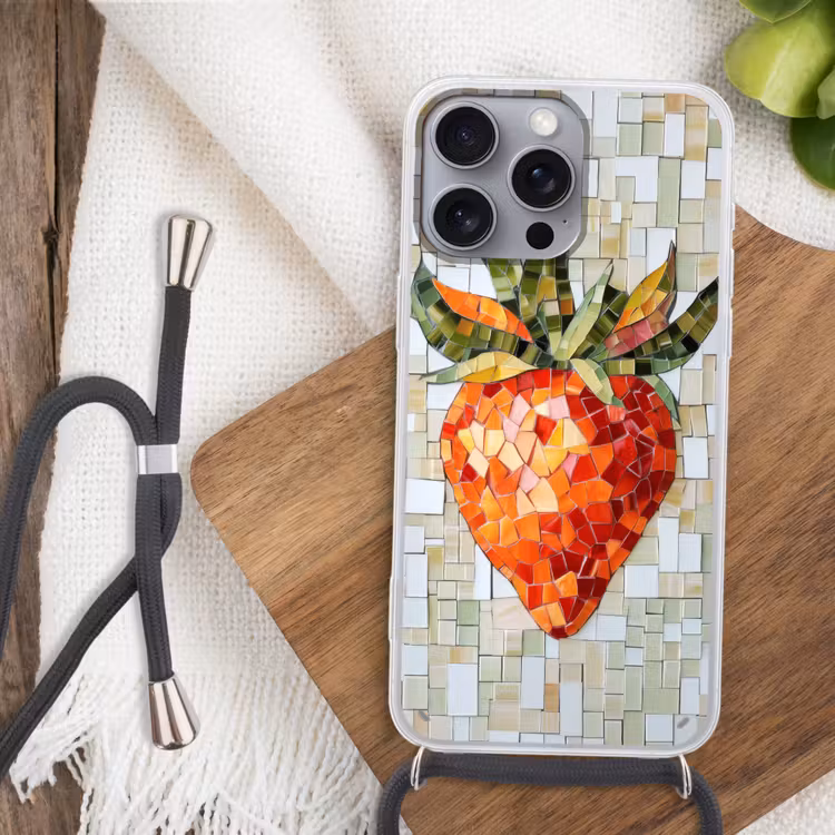 Aardbei - Rood - Mozaïek - Fruit Hoesje iPhone 16 Pro Max met koord klein -sfeer4