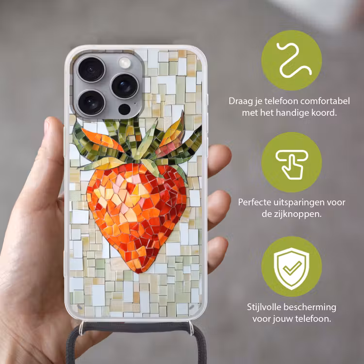 Aardbei - Rood - Mozaïek - Fruit Hoesje iPhone 16 Pro Max met koord klein -sfeer2_NL