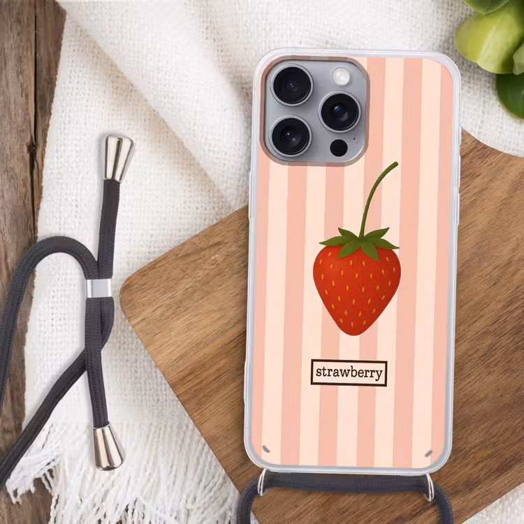 Aardbei - Strepen - Minimalistisch - Rood Hoesje iPhone 16 Pro Max met koord klein -sfeer4