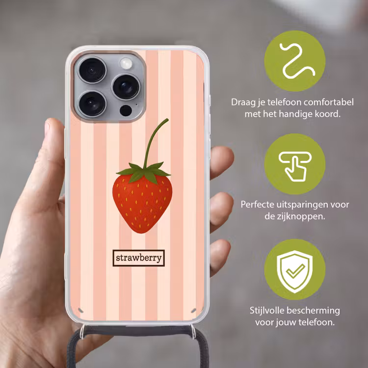 Aardbei - Strepen - Minimalistisch - Rood Hoesje iPhone 16 Pro Max met koord klein -sfeer2_NL