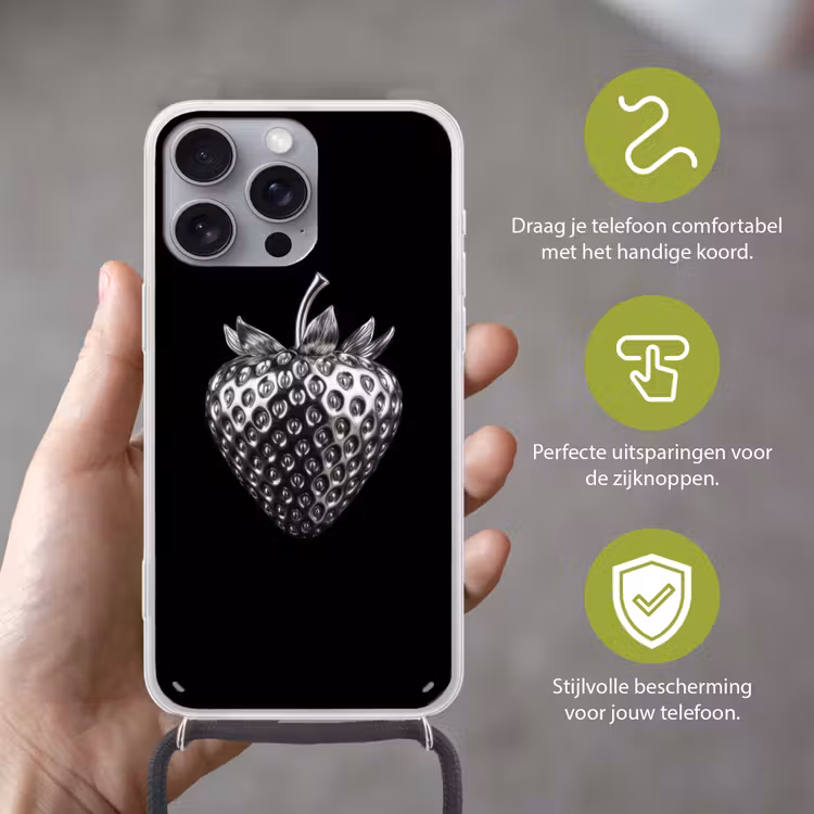 Aardbei - Zaadstructuur - Realistisch Hoesje iPhone 16 Pro Max met koord klein -sfeer2_NL