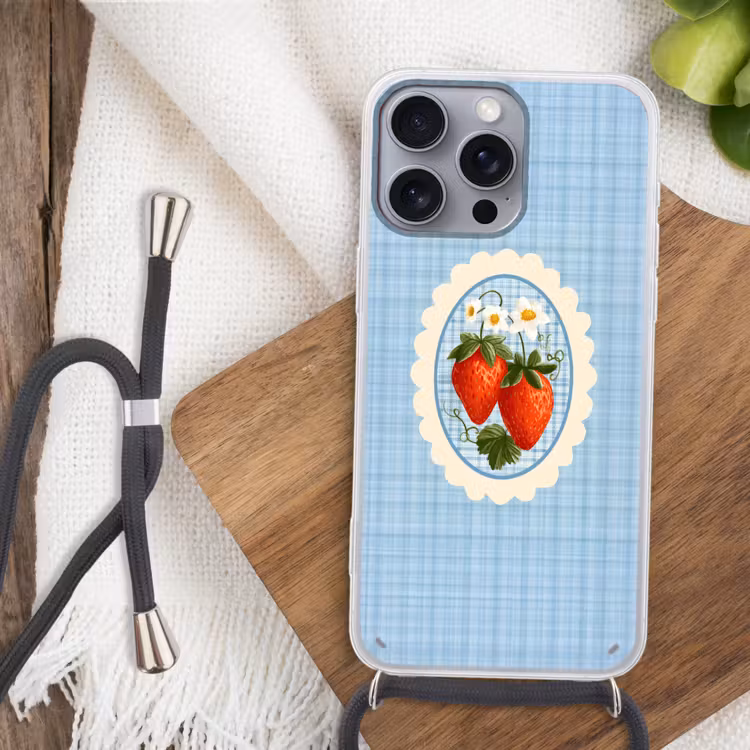 Aardbeien - Lijst - Rood - Geruit Hoesje iPhone 16 Pro Max met koord klein -sfeer4