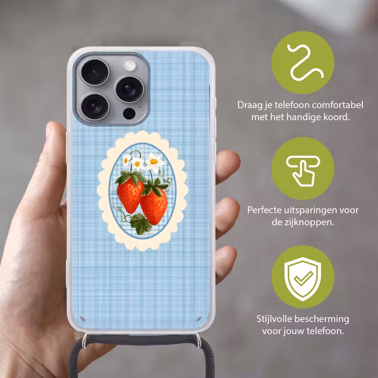 Aardbeien - Lijst - Rood - Geruit Hoesje iPhone 16 Pro Max met koord klein -sfeer2_NL