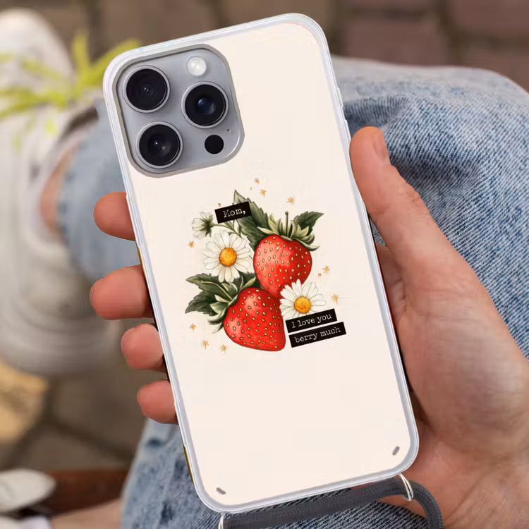 Aardbeien - Madeliefjes - Quote - Sterretjes Hoesje iPhone 16 Pro Max met koord klein -sfeer3