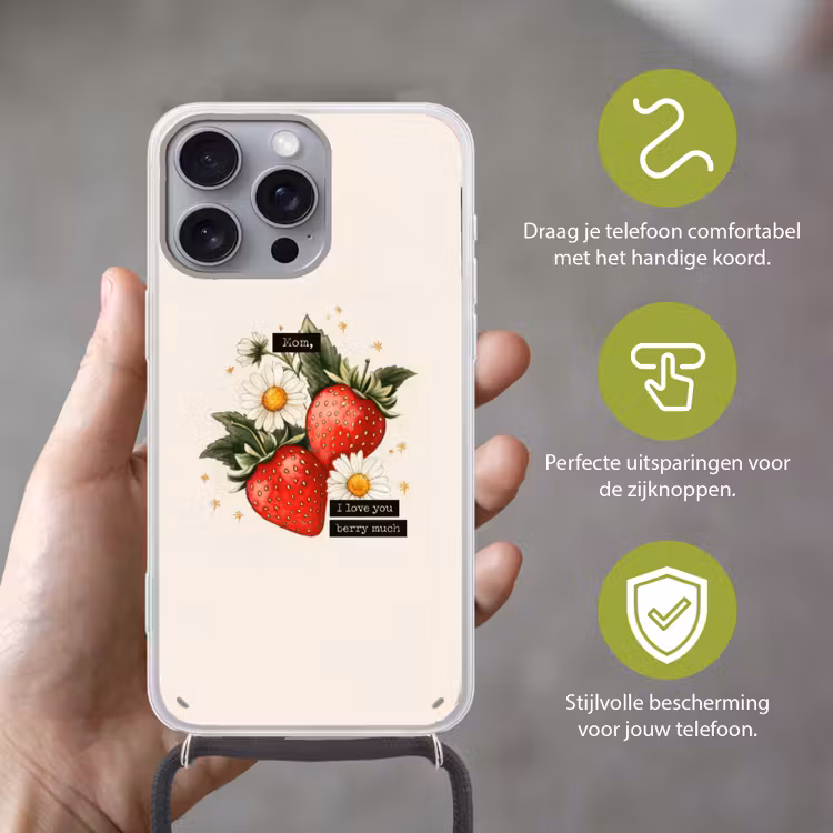 Aardbeien - Madeliefjes - Quote - Sterretjes Hoesje iPhone 16 Pro Max met koord klein -sfeer2_NL
