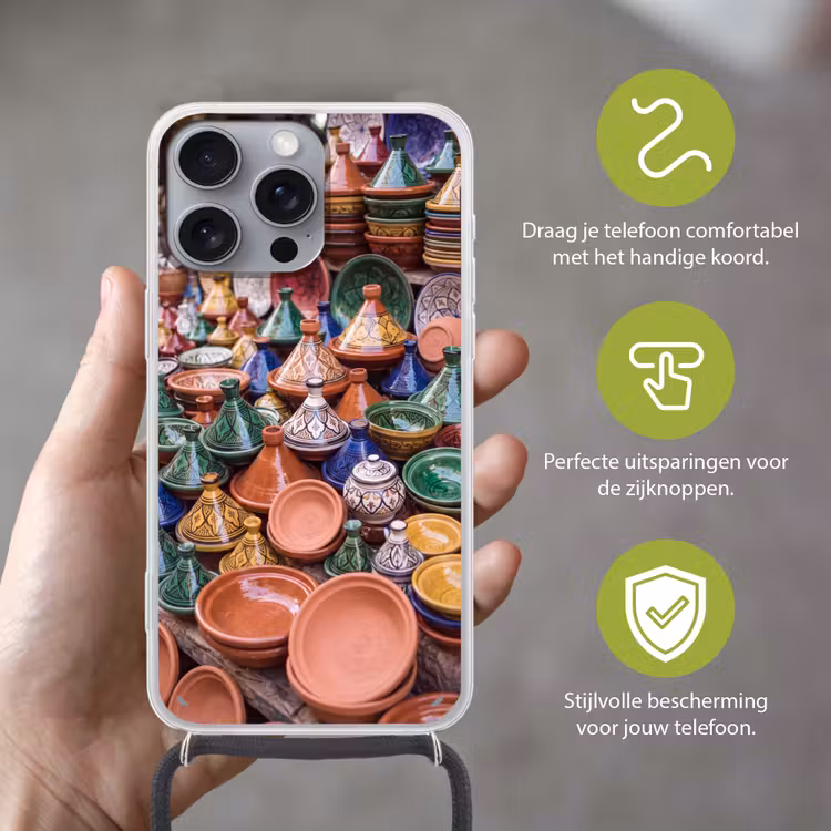 Telefoonhoesje met koord - Aardewerk - Kleurrijk - Patroon - Aardewerk - Kleurrijk - Patroon Hoesje iPhone 16 Pro Max met koord klein