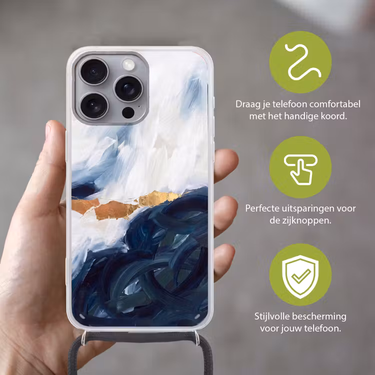Abstract - Acryl - Blauw - Goud - Elegant Hoesje iPhone 16 Pro Max met koord klein -sfeer2_NL