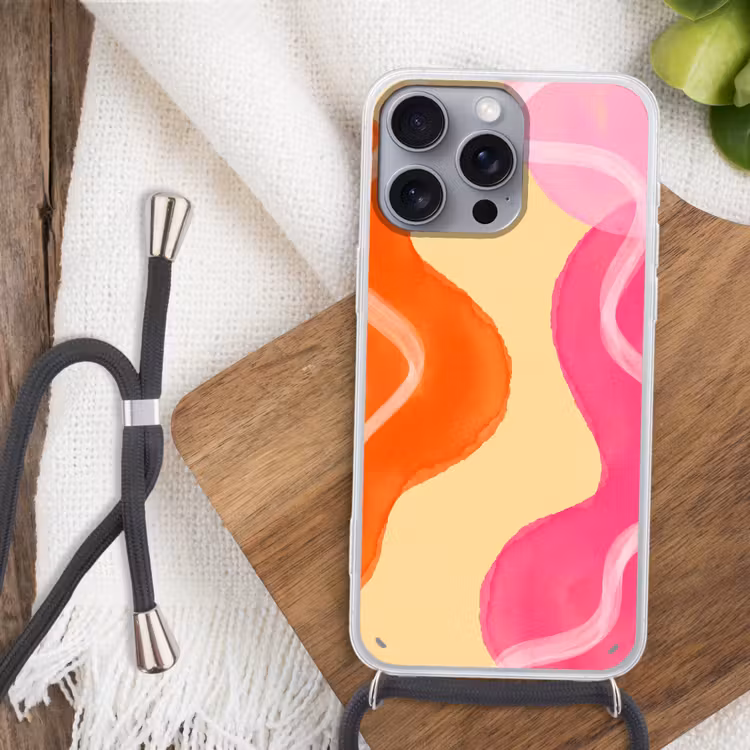 Abstract - Aquarel - Organisch - Oranje - Roze Hoesje iPhone 16 Pro Max met koord klein -sfeer4