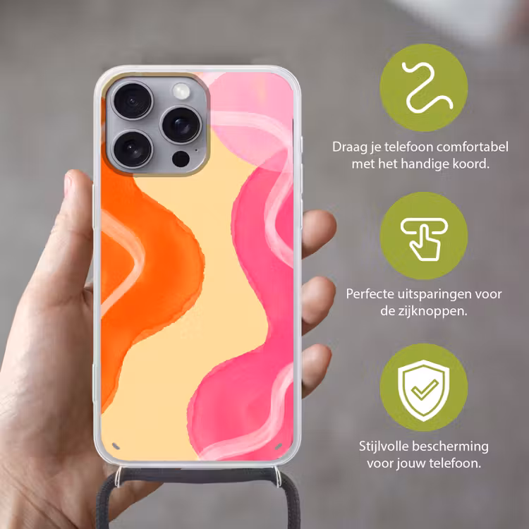 Abstract - Aquarel - Organisch - Oranje - Roze Hoesje iPhone 16 Pro Max met koord klein -sfeer2_NL