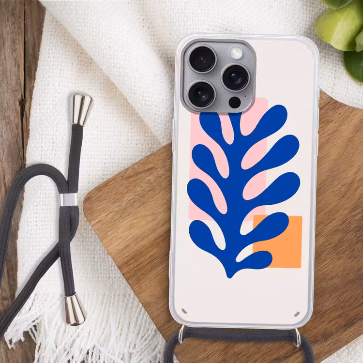 Abstract - Blad - Blauw - Rechthoeken Hoesje iPhone 16 Pro Max met koord klein -sfeer4