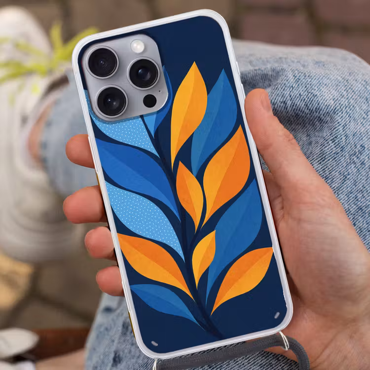 Abstract - Bladeren - Blauw Hoesje iPhone 16 Pro Max met koord klein -sfeer3