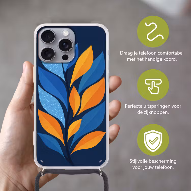 Abstract - Bladeren - Blauw Hoesje iPhone 16 Pro Max met koord klein -sfeer2_NL