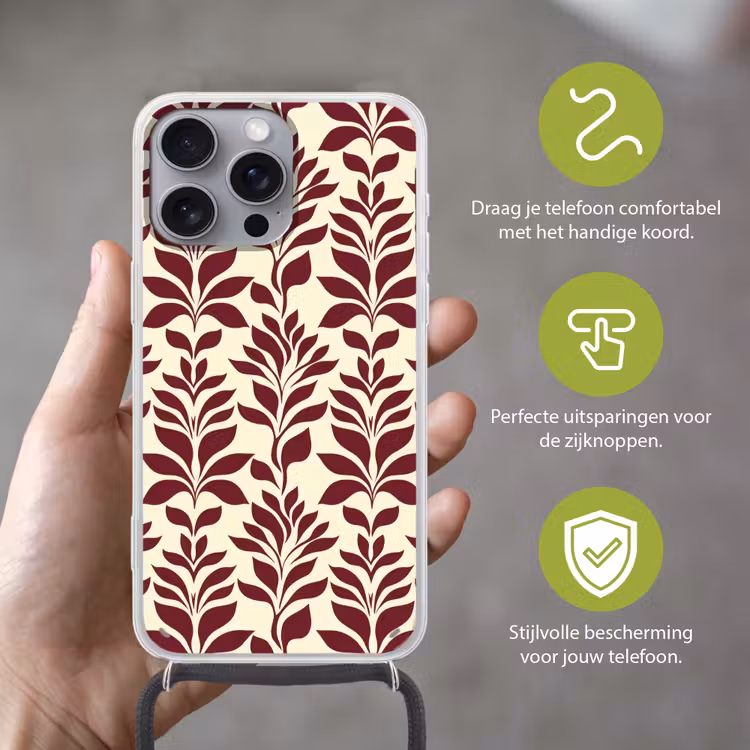 Abstract - Bladeren - Burgundy Hoesje iPhone 16 Pro Max met koord klein 804 -sfeer2_NL