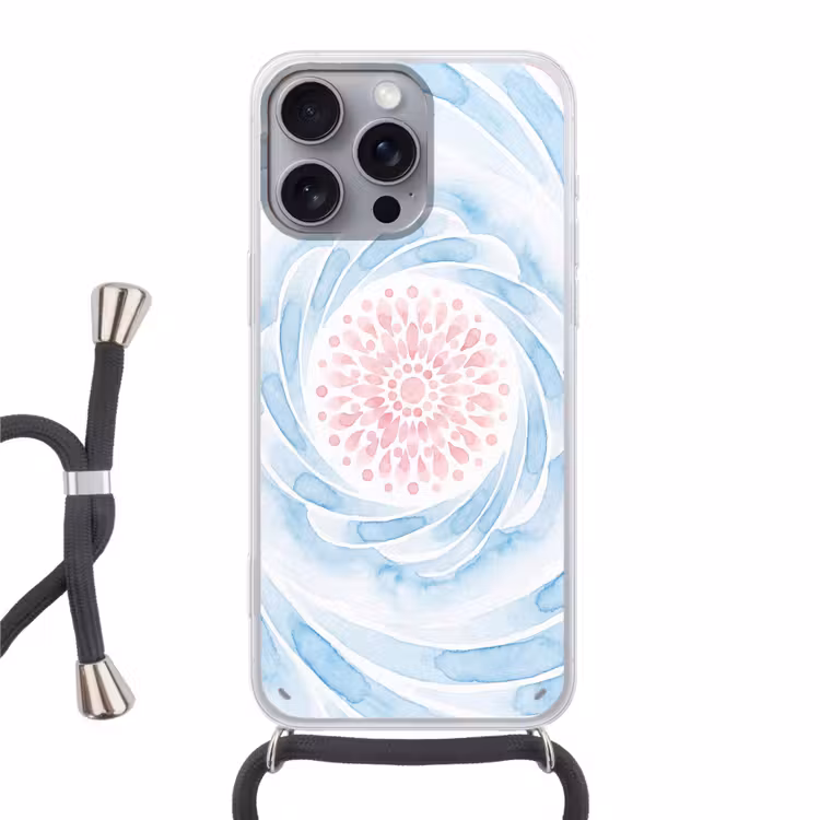 Abstract - Bloemvorm - Aquarel - Roze - Blauw Hoesje iPhone 16 Pro Max met koord klein -3d