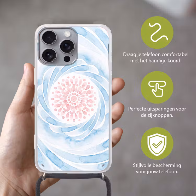 Abstract - Bloemvorm - Aquarel - Roze - Blauw Hoesje iPhone 16 Pro Max met koord klein -sfeer2_NL