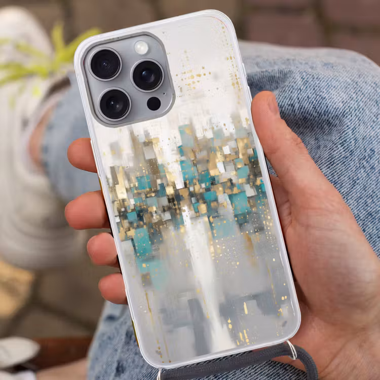 Abstract - Blokken - Goud - Skyline Hoesje iPhone 16 Pro Max met koord klein -sfeer3