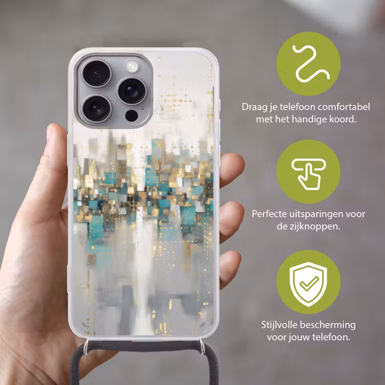 Abstract - Blokken - Goud - Skyline Hoesje iPhone 16 Pro Max met koord klein -sfeer2_NL