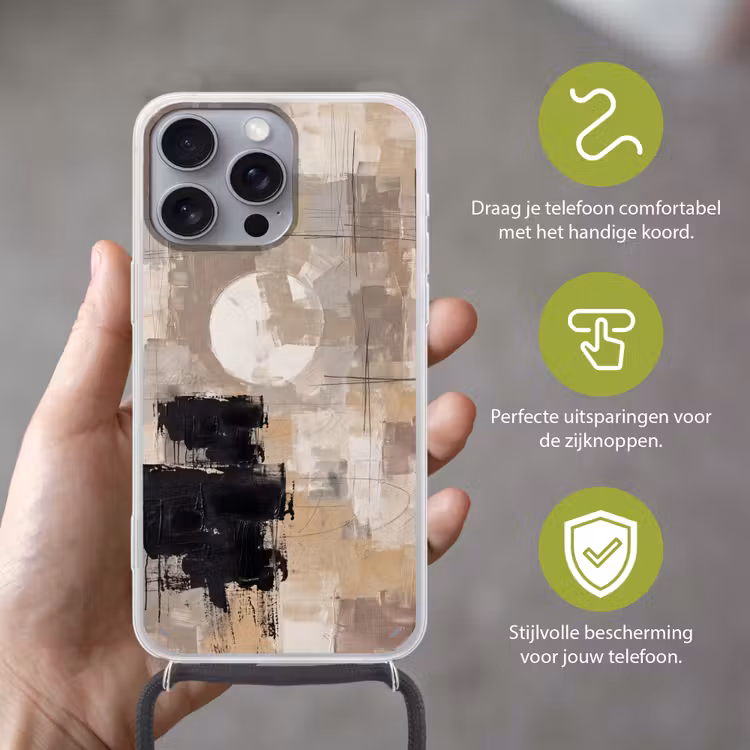Abstract - Cirkel - Modern - Beige - Zwart - Minimalistisch Hoesje iPhone 16 Pro Max met koord klein -sfeer2_NL