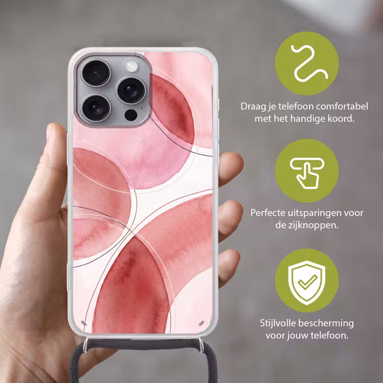 Abstract - Cirkels - Modern - Roze - Kunst Hoesje iPhone 16 Pro Max met koord klein -sfeer2_NL