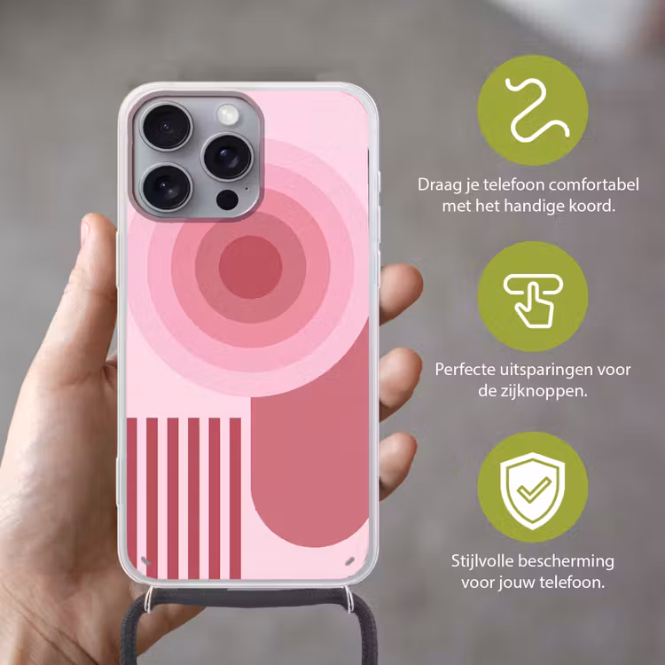 Abstract - Cirkels - Strepen - Modern - Roze Hoesje iPhone 16 Pro Max met koord klein -sfeer2_NL