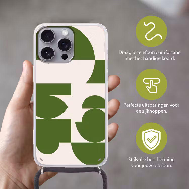 Abstract - Geometrie - Modern - Groen - Wit Hoesje iPhone 16 Pro Max met koord klein -sfeer2_NL