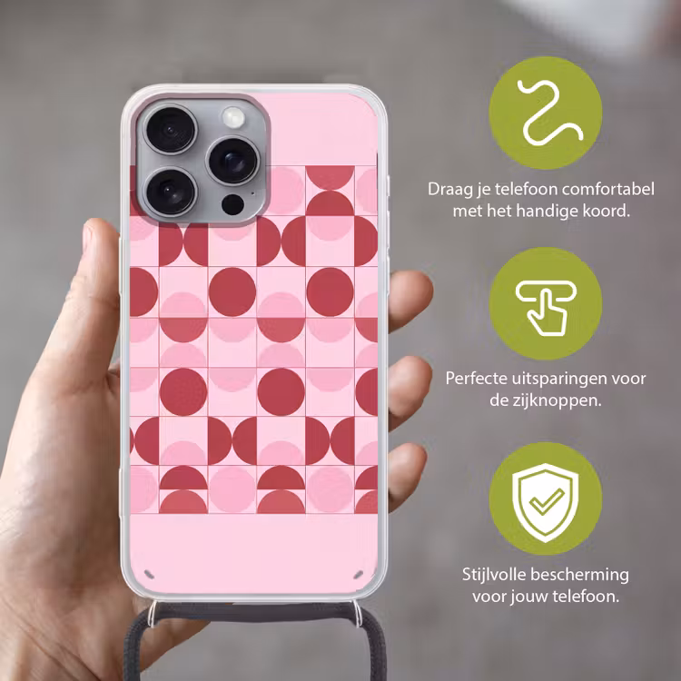 Abstract - Geometrisch - Cirkels - Roze - Modern Hoesje iPhone 16 Pro Max met koord klein -sfeer2_NL