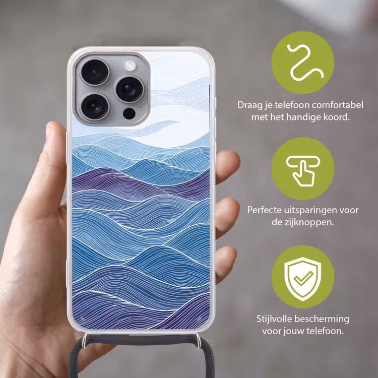 Abstract - Golven - Patroon - Blauw - Modern Hoesje iPhone 16 Pro Max met koord klein -sfeer2_NL