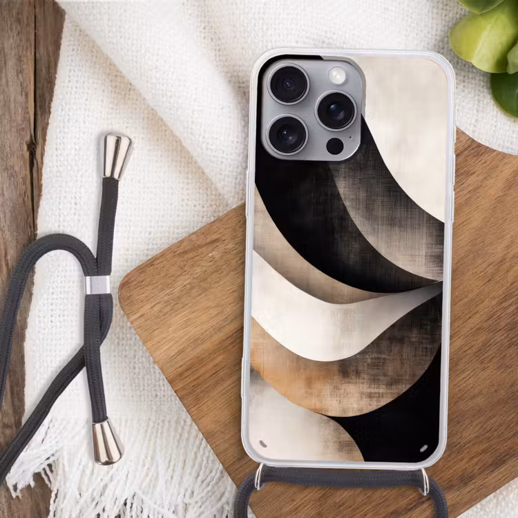 Abstract - Golven - Zwart - Verweerd Hoesje iPhone 16 Pro Max met koord klein -sfeer4